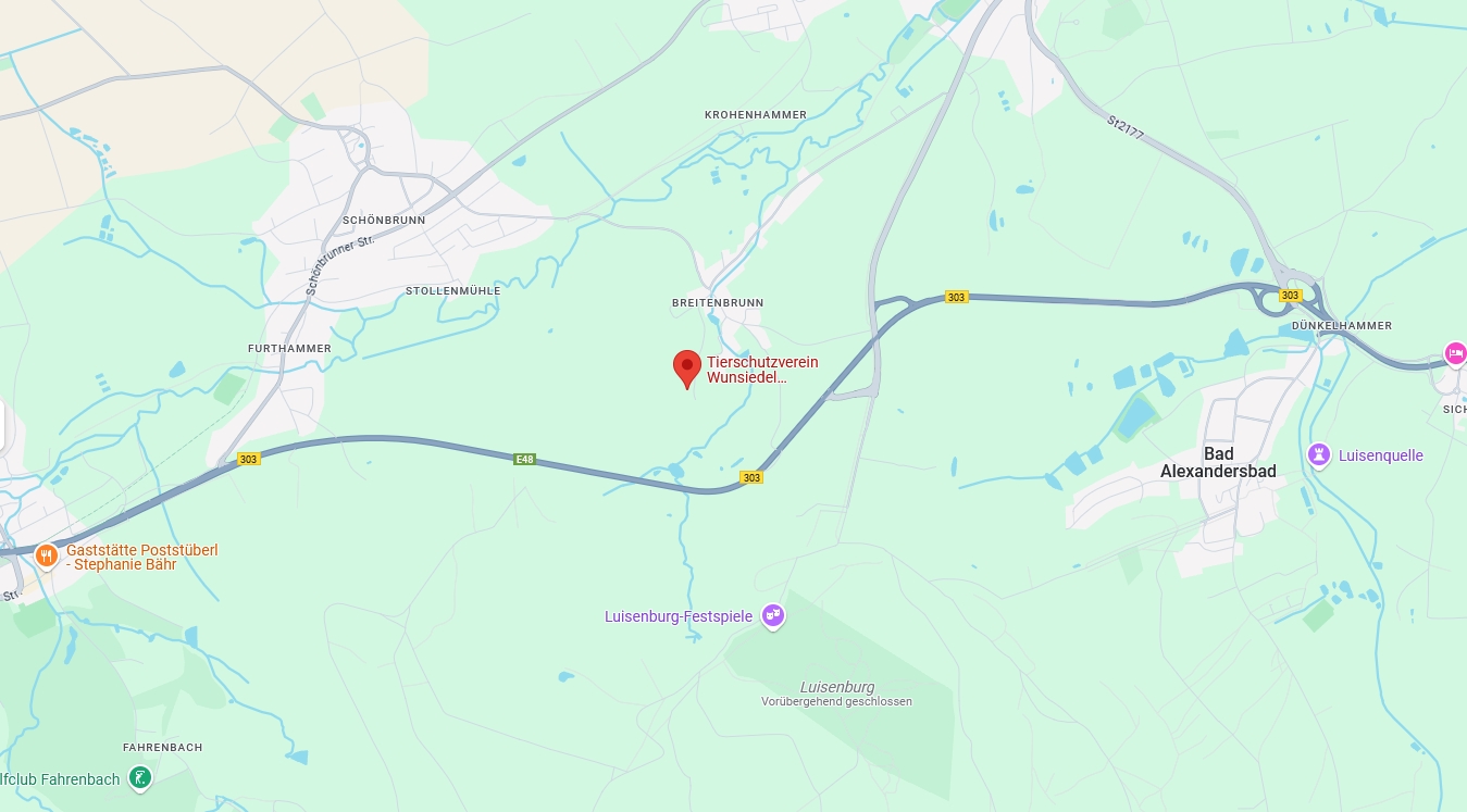 Karte Tierschutzverein Wunsiedel-Marktredwitz und Umgebung e.V. Am Luxbach  40a, 95632 Wunsiedel